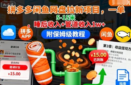 拼多多闲鱼网盘拉新项目,一单5-15米,睡后收入+管道收入1w+(附保姆级教程)-知计