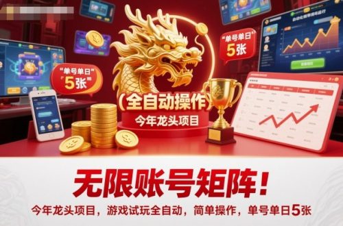 无限账号矩阵！今年龙头项目，游戏试玩全自动，简单操作，单号单日5张【揭秘】