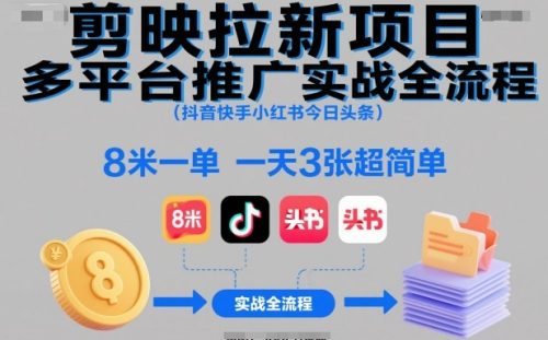 剪映拉新项目多平台推广实战全流程(抖音快手小红书今日头条),8米一单,一天3张超简单-知计