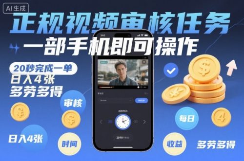 正规视频审核任务,一部手机即可操作,20秒完成一单,日入4张,多劳多得【揭秘】-知计