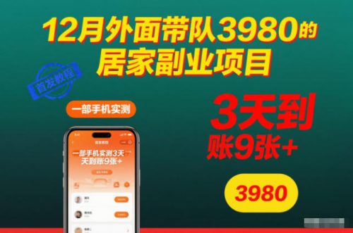 12月外面带队3980的居家副业项目，一部手机实测3天到账9张+，首发教程【揭秘】-知计