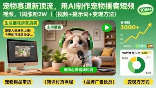 宠物赛道新顶流，用AI制作宠物播客短视频，1周涨粉2W(视频+提示词+变现方法)-知计