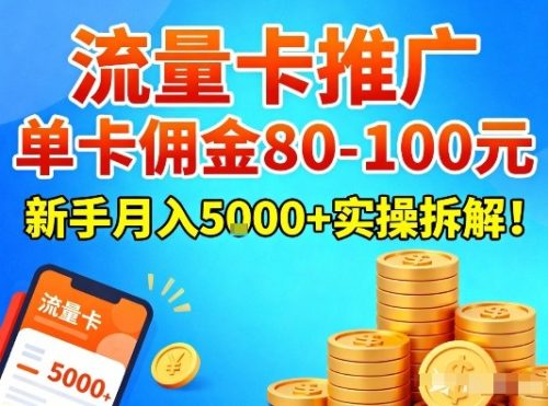 流量卡推广，单卡佣金80-100，新手月入5k+实操拆解！-知计