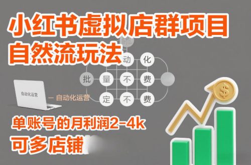 小红书虚拟店群项目，自然流玩法，批量自动化，稳定不费号，单账号的月利润2-4k，可多店矩阵