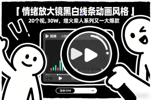 情绪放大镜黑白线条动画风格，20个视频，涨粉30W，继火柴人系列又一大爆款-知计