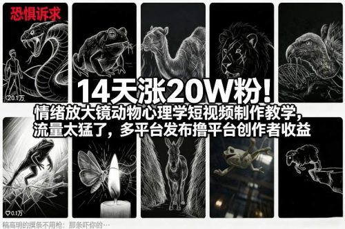 14天涨20W粉！情绪放大镜动物心理学短视频制作教学，流量太猛了，多平台发布撸平台创作者收益