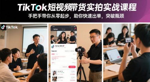 TikTok短视频带货实拍实战课程，手把手带你从零起步，助你快速出单，突破瓶颈
